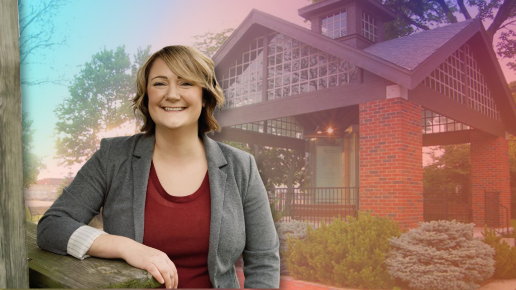 A photo illustration of out Rossford City Council Candidate Brenna Reynolds posing in front of a city landmark.