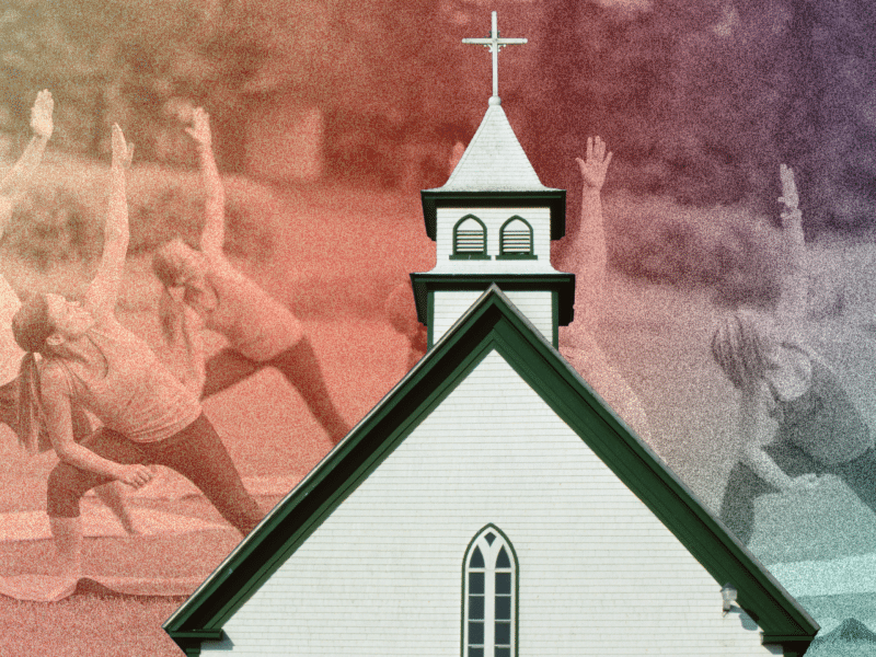 A stock photo of a group of people doing yoga is in the background while a church is in the foreground.