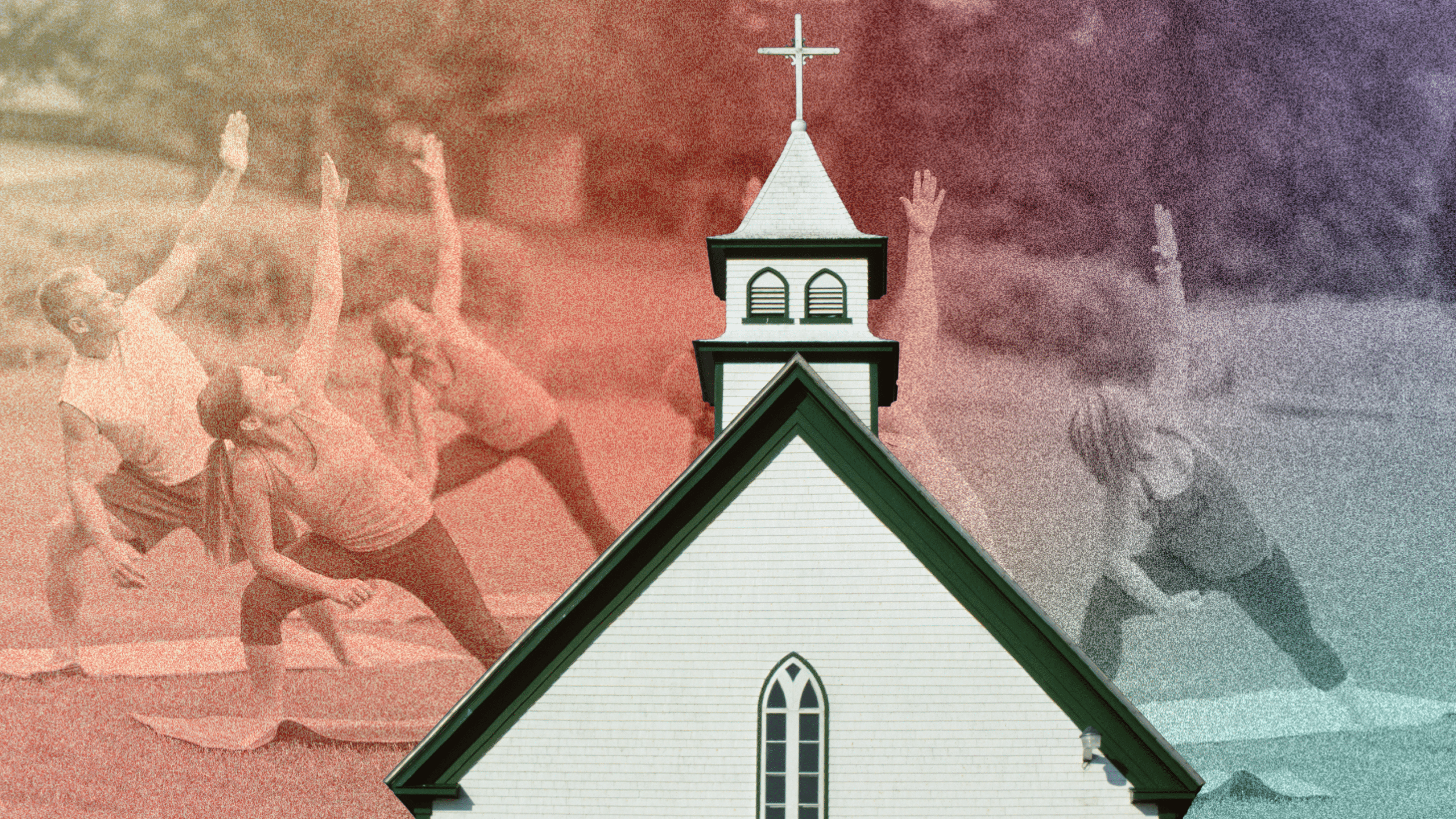 A stock photo of a group of people doing yoga is in the background while a church is in the foreground.