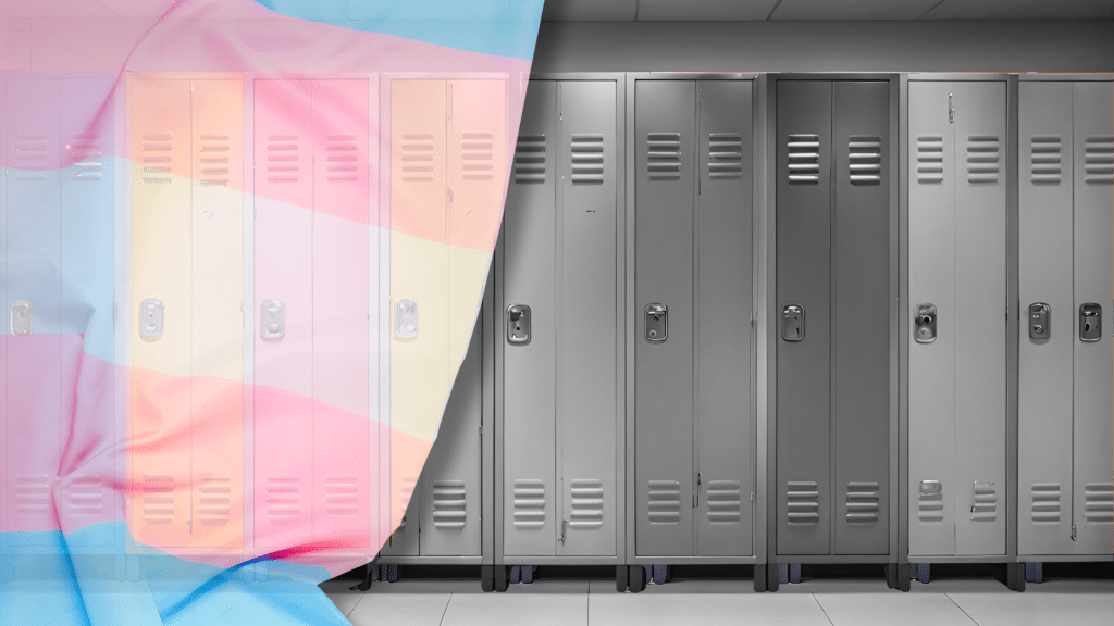 A trans flag is overlaid on top of lockers as if it's being pulled back. The flag is transparent, and the lockers behind the flag are in rainbow colors.