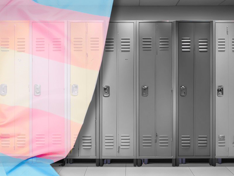 A trans flag is overlaid on top of lockers as if it's being pulled back. The flag is transparent, and the lockers behind the flag are in rainbow colors.