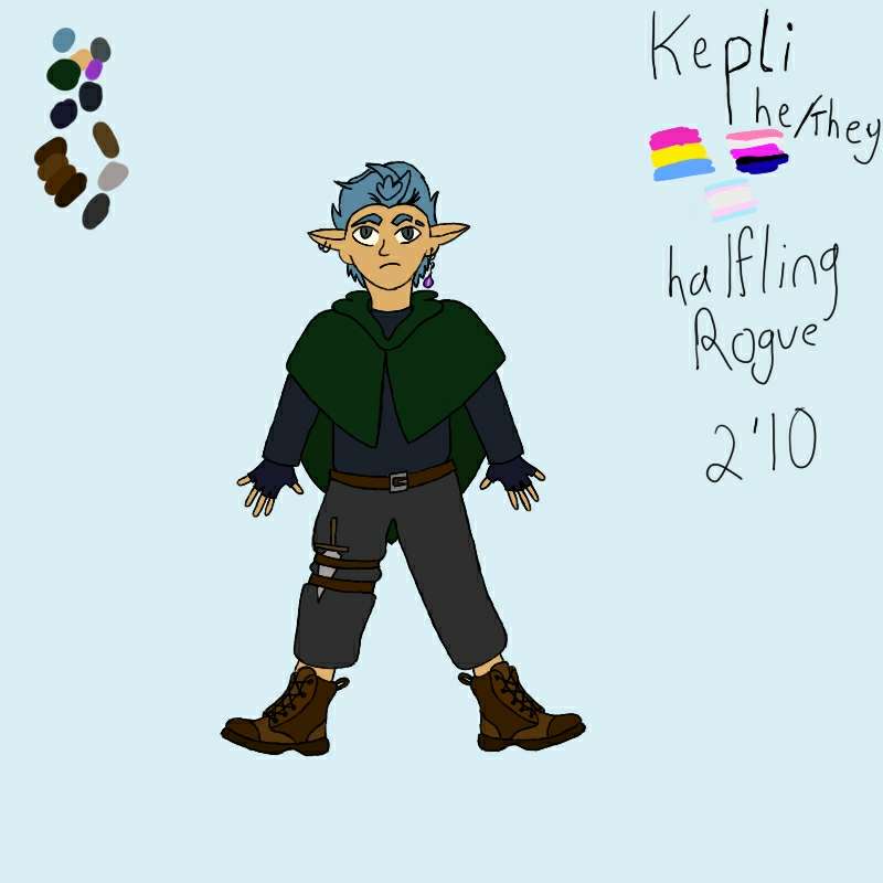 The image is a digital drawing of Kepli, Kyros Erwood's character in a Dungeons & Dragons campaign. The image shows Kepli with blue hair in a cloak with a dagger strapped to their leg. The image includes Kepli's name, pronouns, Pride flags, race, class and height.