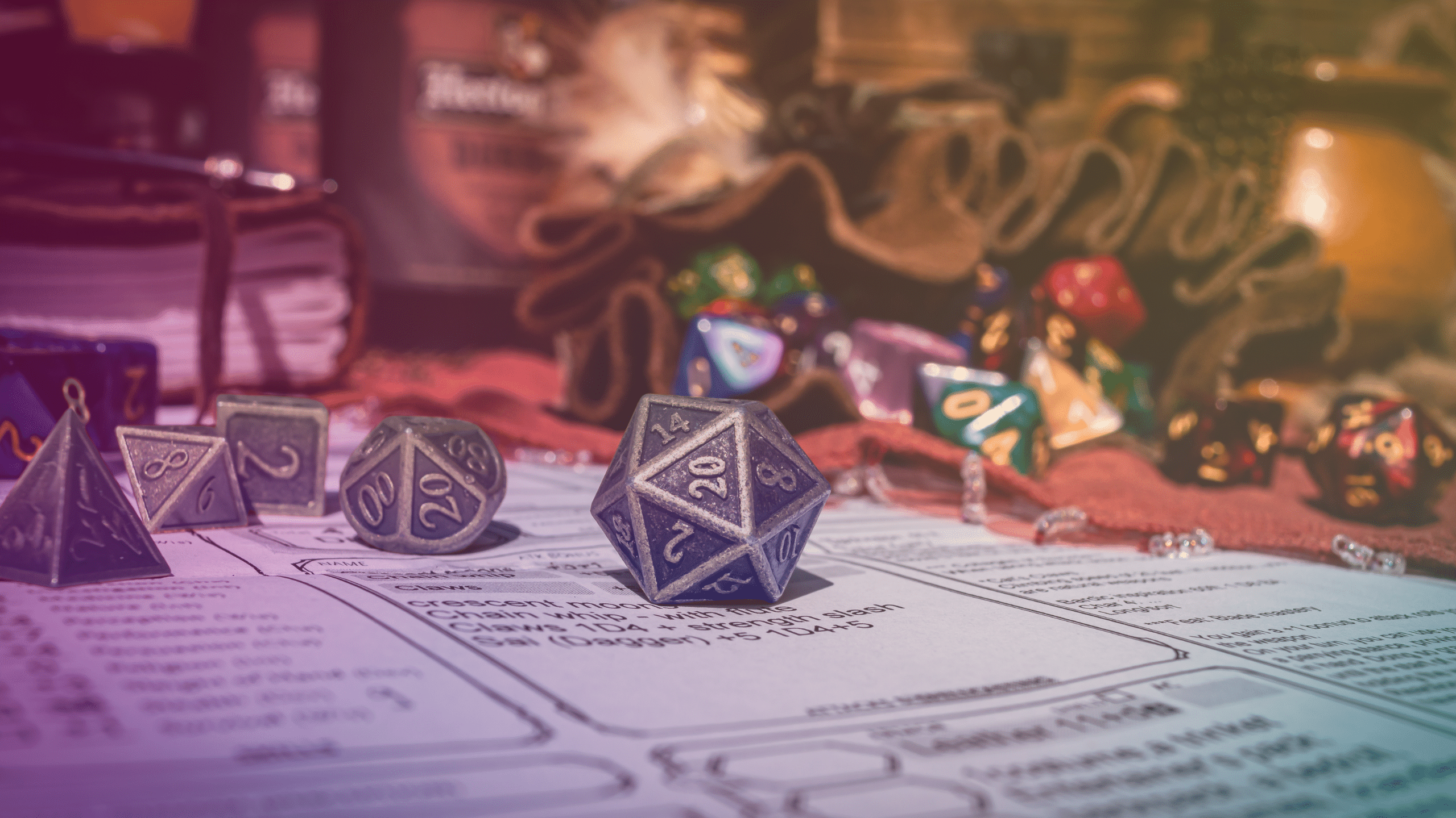 A stock image of D20 dice on a Dungeons & Dragons character sheet with an added rainbow gradient.