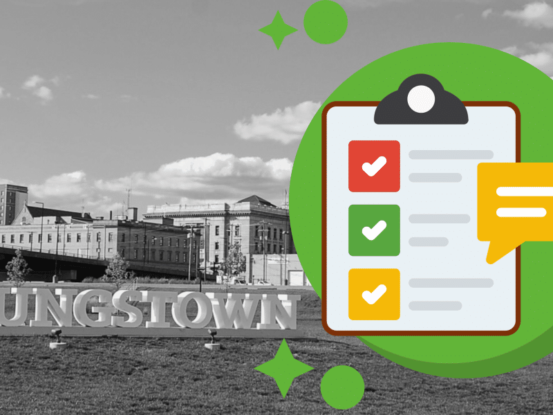 Cartoon graphic of a survey on a clipboard in front of a black and white landscape of Youngstown, Ohio.