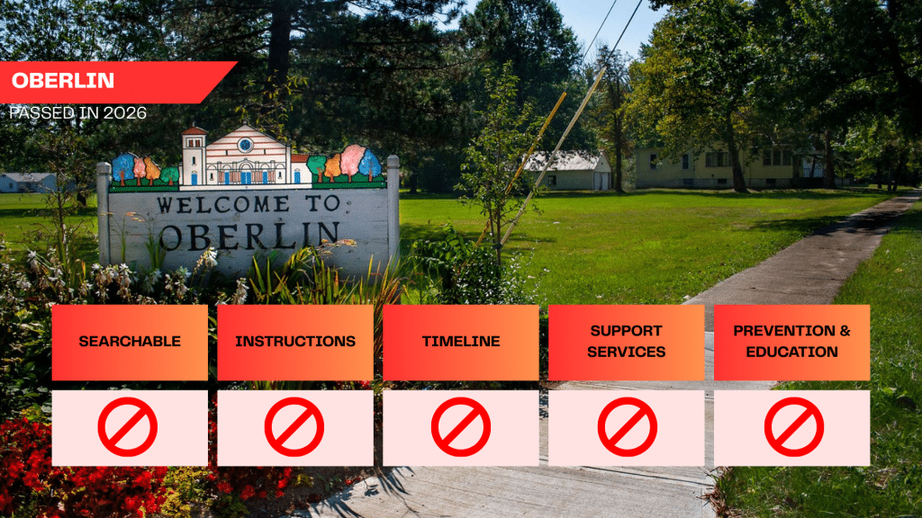 Oberlin passed its ban with civil penalties in 2026. Though the ban recently passed, it is not searchable from the homepage and there are no clear instructions within the ordinance. A timeline was not provided. Oberlin does not provide support services nor do city employees take prevention and education training.