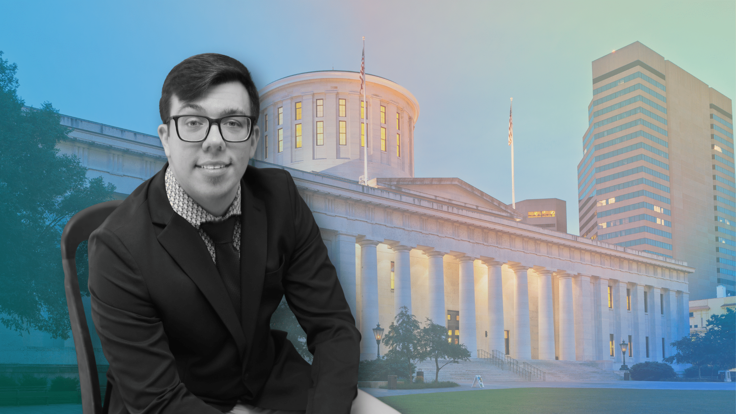Christopher Elder's headshot is in black-and-white and is photoshopped in front of a photo of the Ohio Statehouse in a purple-ish gradient.
