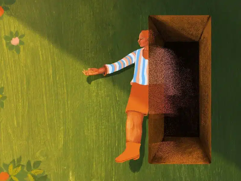 An image showing a woman fading away into a six-foot deep hole.