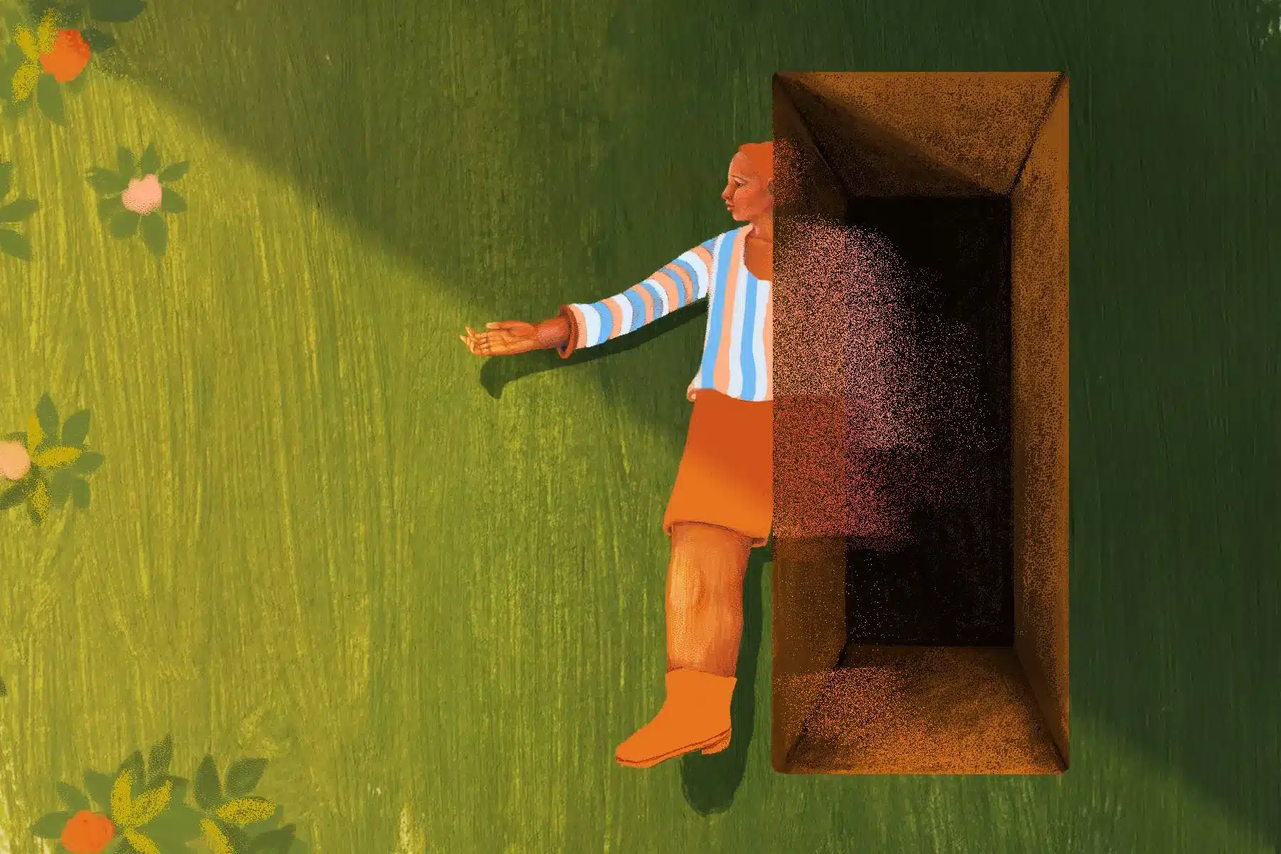 An image showing a woman fading away into a six-foot deep hole.