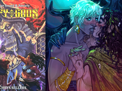 A collage showing two images. The left image is the colorful cover art for the tabletop roleplaying game "Defy the Gods" by Chrys Sellers. Male and feminine figures brandish their weapons and spells toward a god in a low-angle composition. The right image shows artwork of two masculine characters kissing from a "Defy the Gods" page spread.