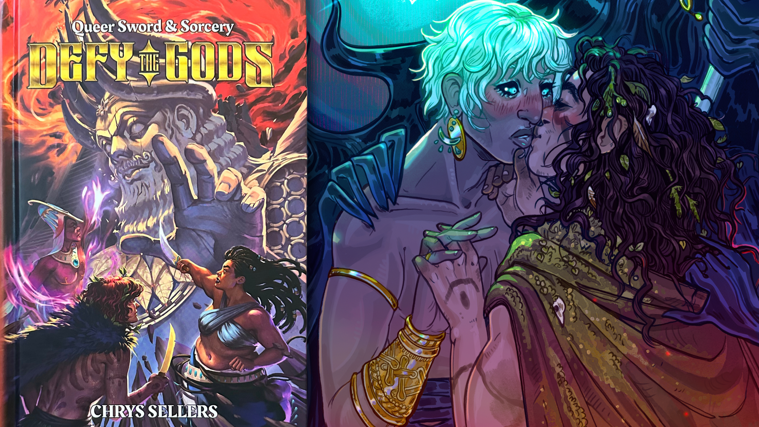 A collage showing two images. The left image is the colorful cover art for the tabletop roleplaying game "Defy the Gods" by Chrys Sellers. Male and feminine figures brandish their weapons and spells toward a god in a low-angle composition. The right image shows artwork of two masculine characters kissing from a "Defy the Gods" page spread.