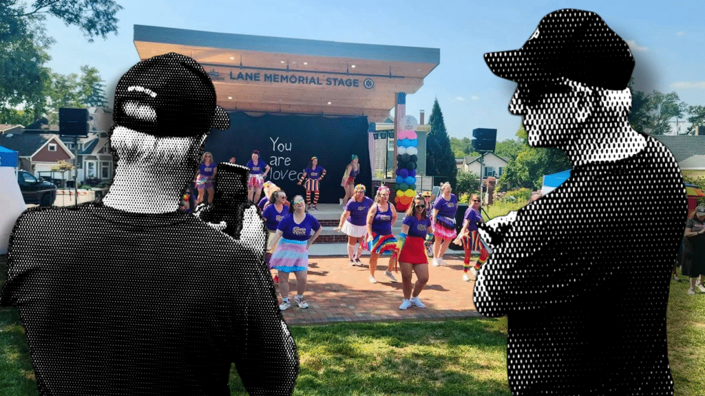 A photo of a performance taking place at Lebanon Pride is in full color. In front of the photo, Lebanon Councilman Mike Cope is in black-and-white with a screen filter, as if he is watching the performance.