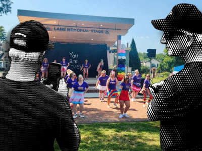 A photo of a performance taking place at Lebanon Pride is in full color. In front of the photo, Lebanon Councilman Mike Cope is in black-and-white with a screen filter, as if he is watching the performance.