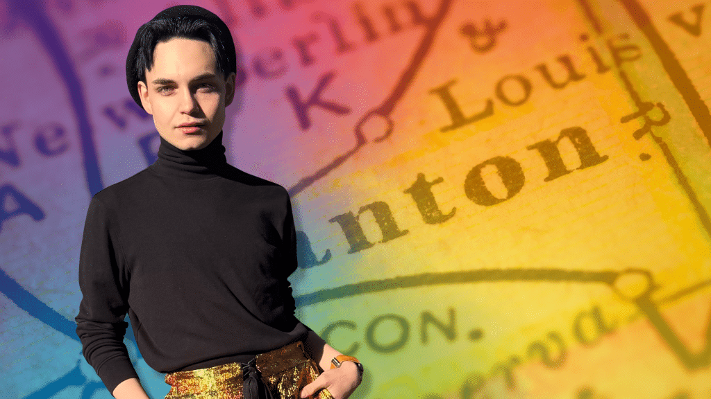 Gav Galvan, with a black turtleneck, beret, and gold-sequined pants, is superimposed in front of a map of Ohio highlighting Canton and Louisville in a rainbow gradient.